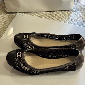 CHANEL Black and Silver Mesh Flats